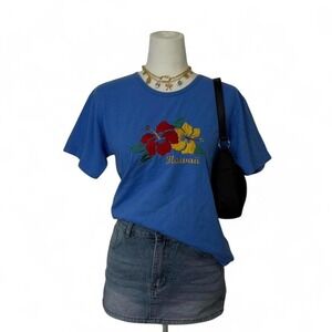 Hawaii Embroidered Floral Blue Tee Vintage Tropical Graphic Cotton Medium